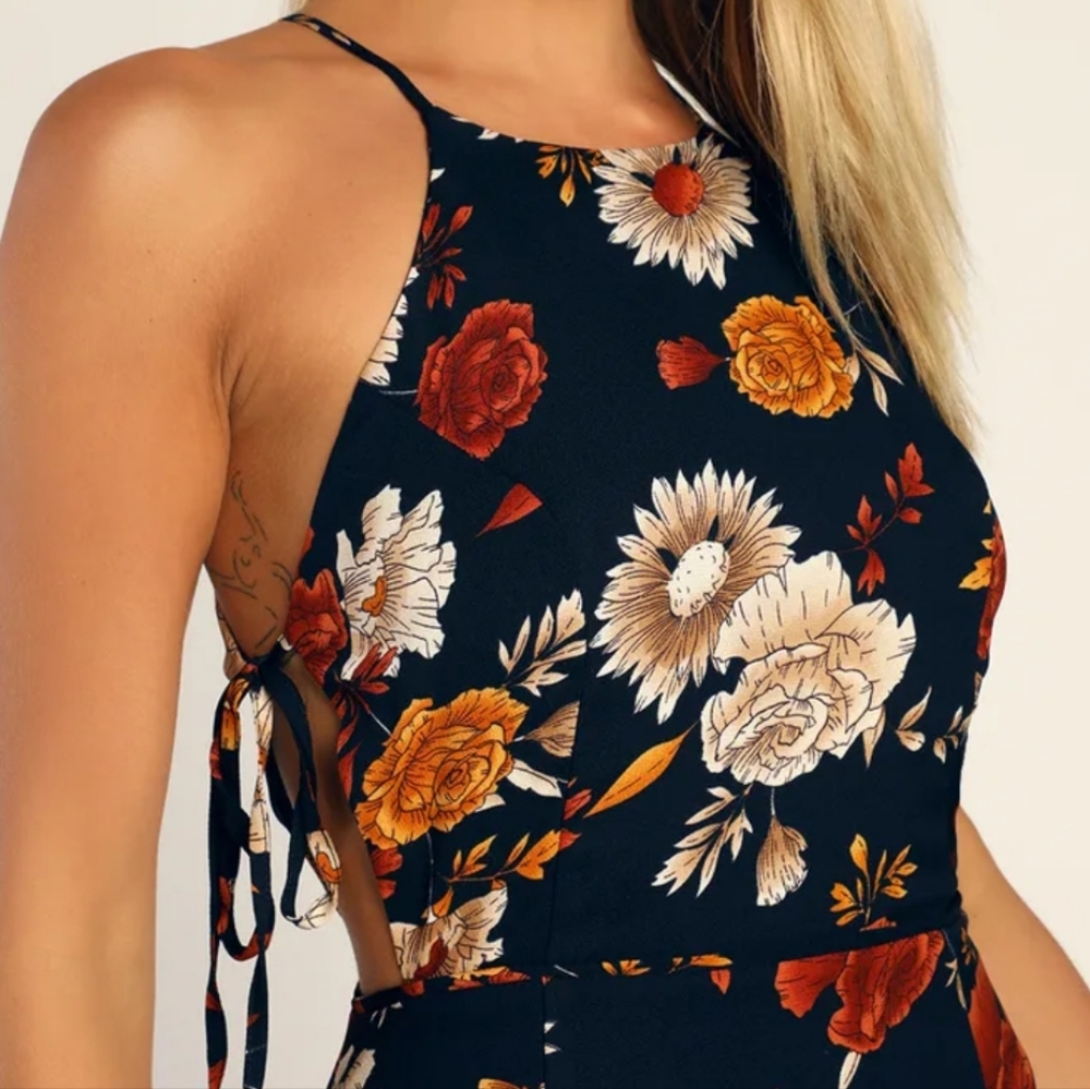 NWT Lulus Flourishing Flirt Navy Blue Floral Cutout Halter Midi Dress - Picture 4 of 8